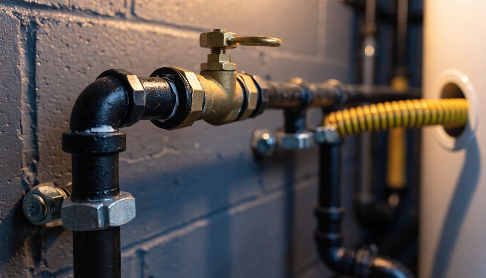 Black iron gas piping with a shutoff valve and a flexible appliance connector (representative image)